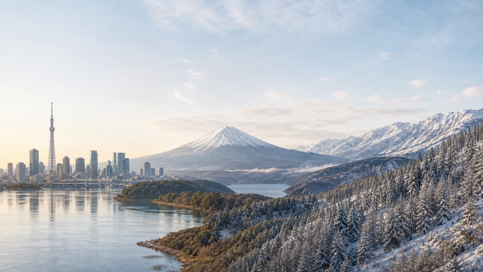 Panoramic composition with a city skyline, Mount Fuji and snowy mountains